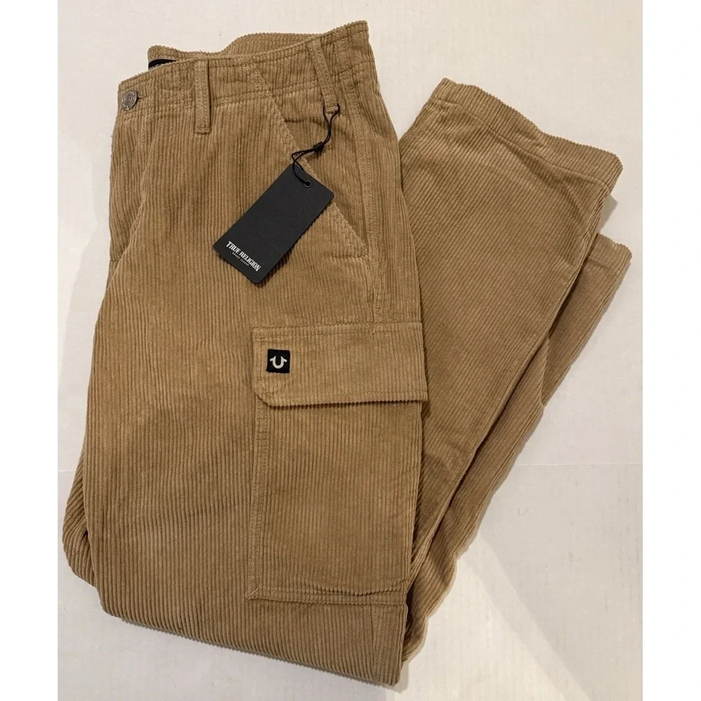 True Religion‎ Mens 32x31 Straight Cargo Vintage Travertine Brown Corduroy Pants
